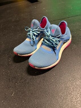 adidas boost Light Blue Knit Sneakers with Pink Accents